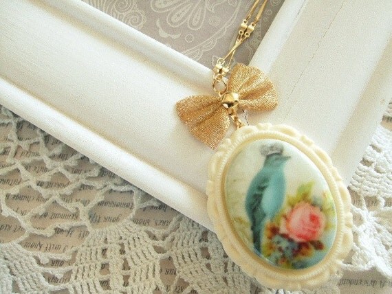 Blue Bird with Crown in Frame Long Necklace