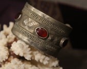 Tribal silver cuff bracelet -- antique jewelry - dark red glass stones -- heavy Patina  FREE SHIPPING SALE