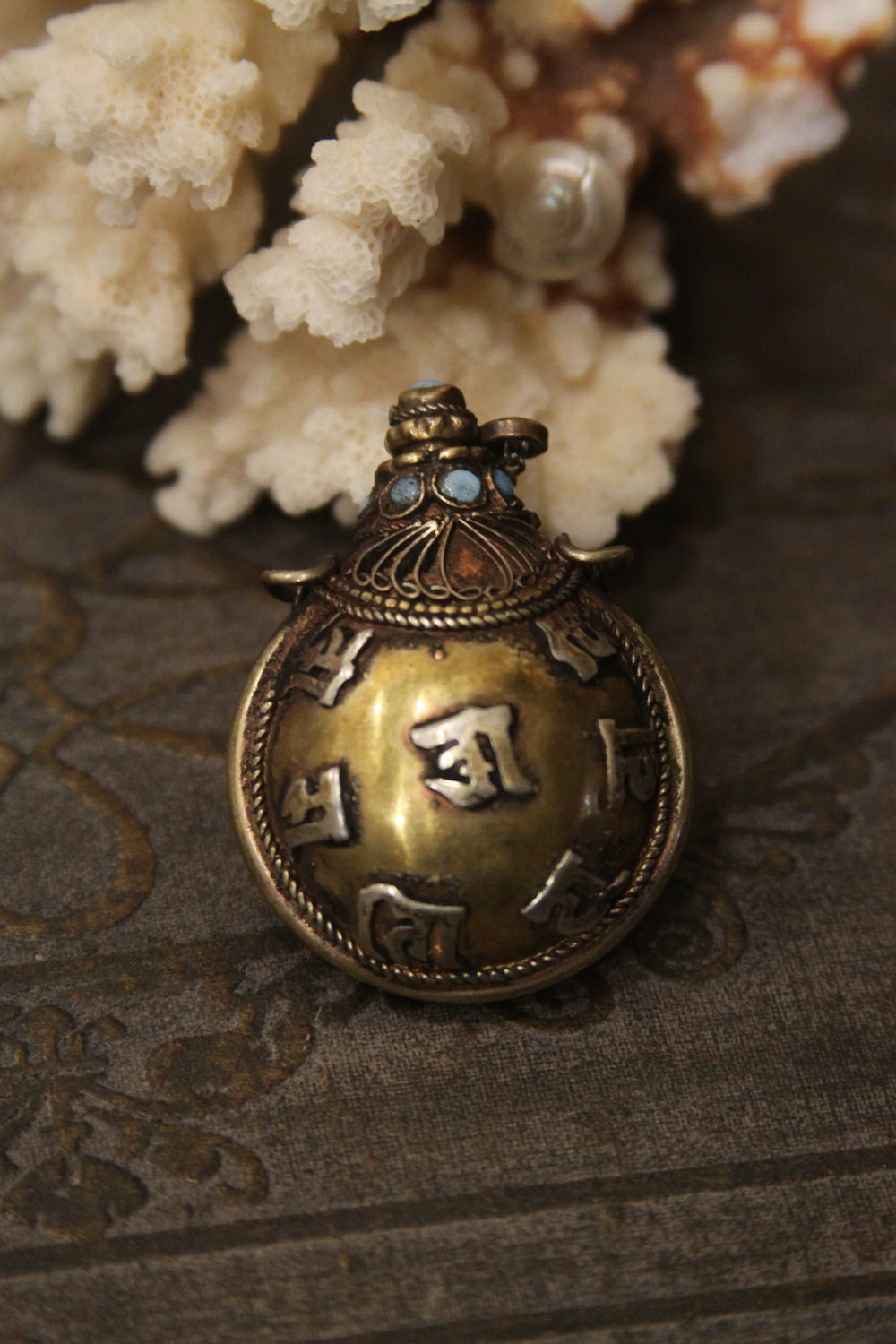 Small Tibetan snuff bottle -- perfume bottle pendant -- brass and silver with blue enamal  FREE SHIPPING SALE