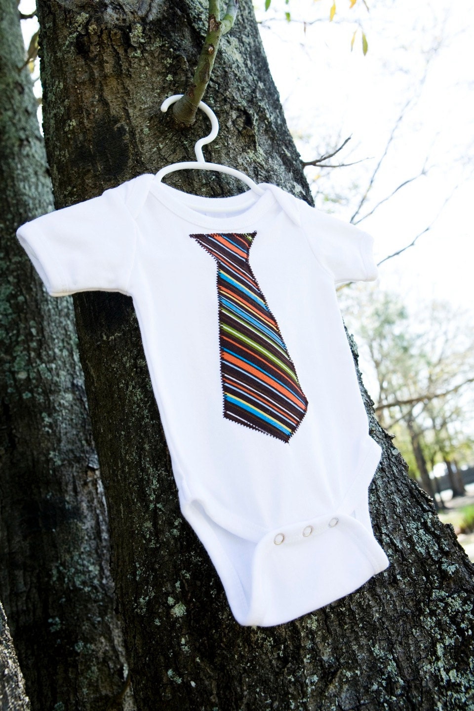 Baby Boys Clothes // Boys White Onesie with a Striped Tie Applique // Size 3-6 months // Striped Toe Onesie // Baby Boy Tie Clothing