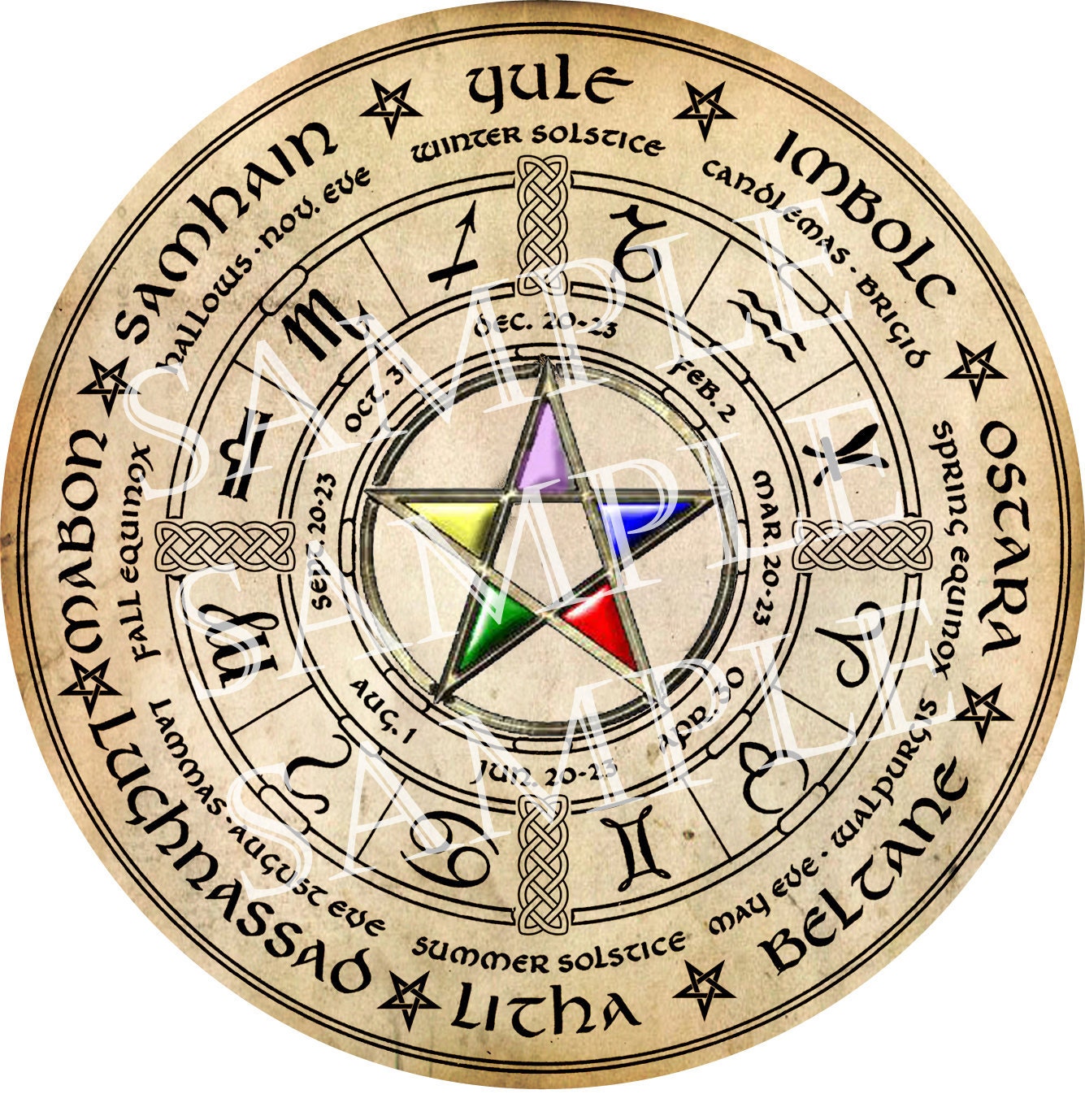 Digital Graphic Wiccan Wheel of the Year with Elemental Pentacle
