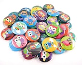 Owl Buttons (set of 36) Pinback Buttons, Rainbow Owl Pins, Owl Party Favors, owl birthday party