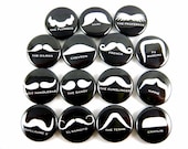 Mustache Love Buttons - Mustache Pins - Black and White Buttons (Set of 15) - Pinback Buttons - 1 inch 25mm