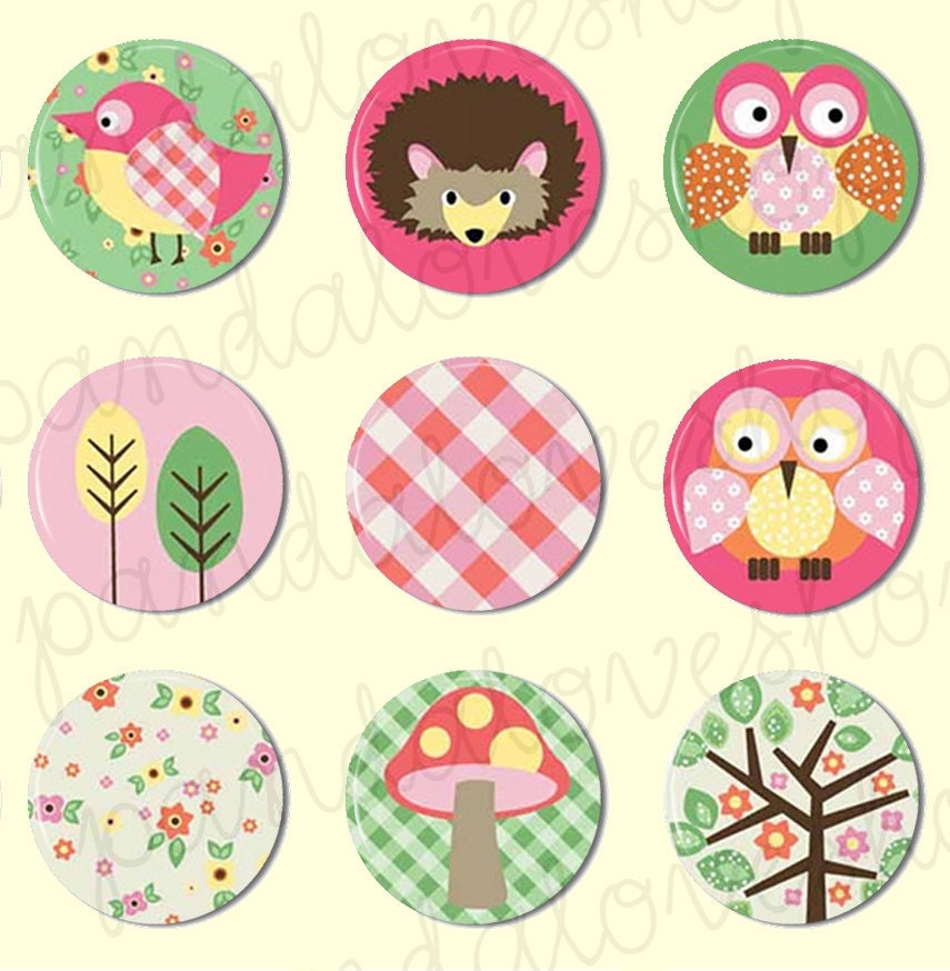 Woodland Friends Pastel Love - Flat Back Buttons Cabochons - Set of 9 - Woodland Animals - 1 inch 25mm