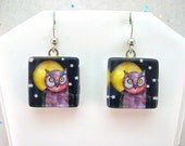 Owl With The Moon Art Print Handmade Glass Tile Earrings