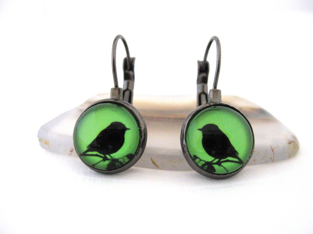 Little Birdy Silhouette on Green Handmade Glass Earrings