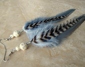 Feather Earrings - Silver Feather Earrings, Black and White Striped Feathers - Full Moon