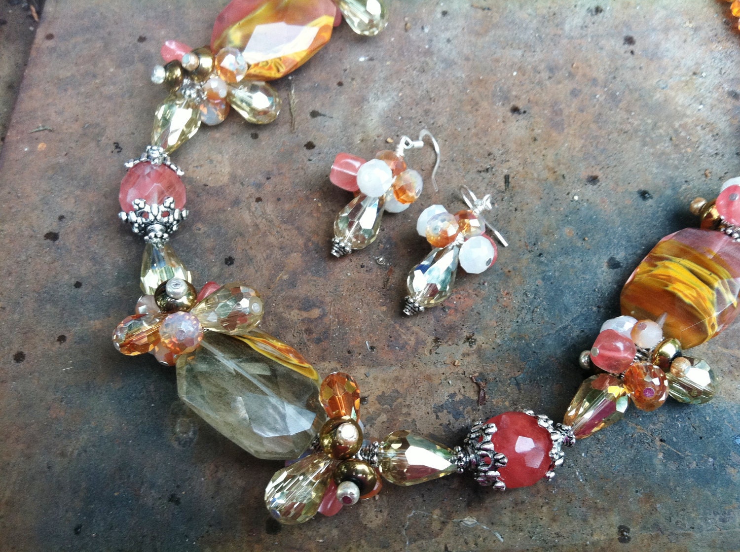 Cherry and Volcano Quartz with Glass Beads and Crystals Necklace and Earrings