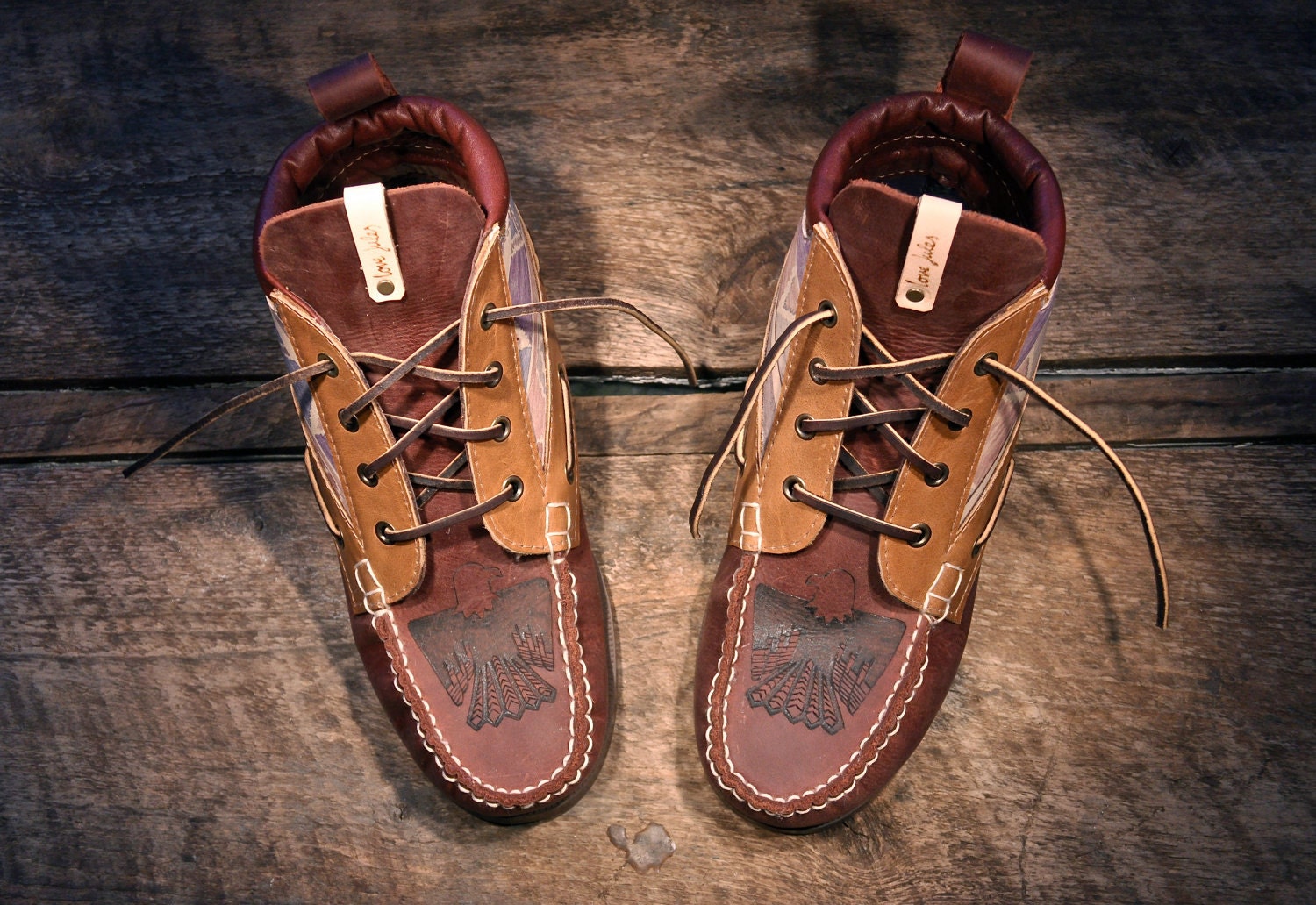 Handcrafted HIGHTOP Leather Boat Shoes - Purple, Maroon, and Southwest Style Print - Etched Eagle - MADE to ORDER