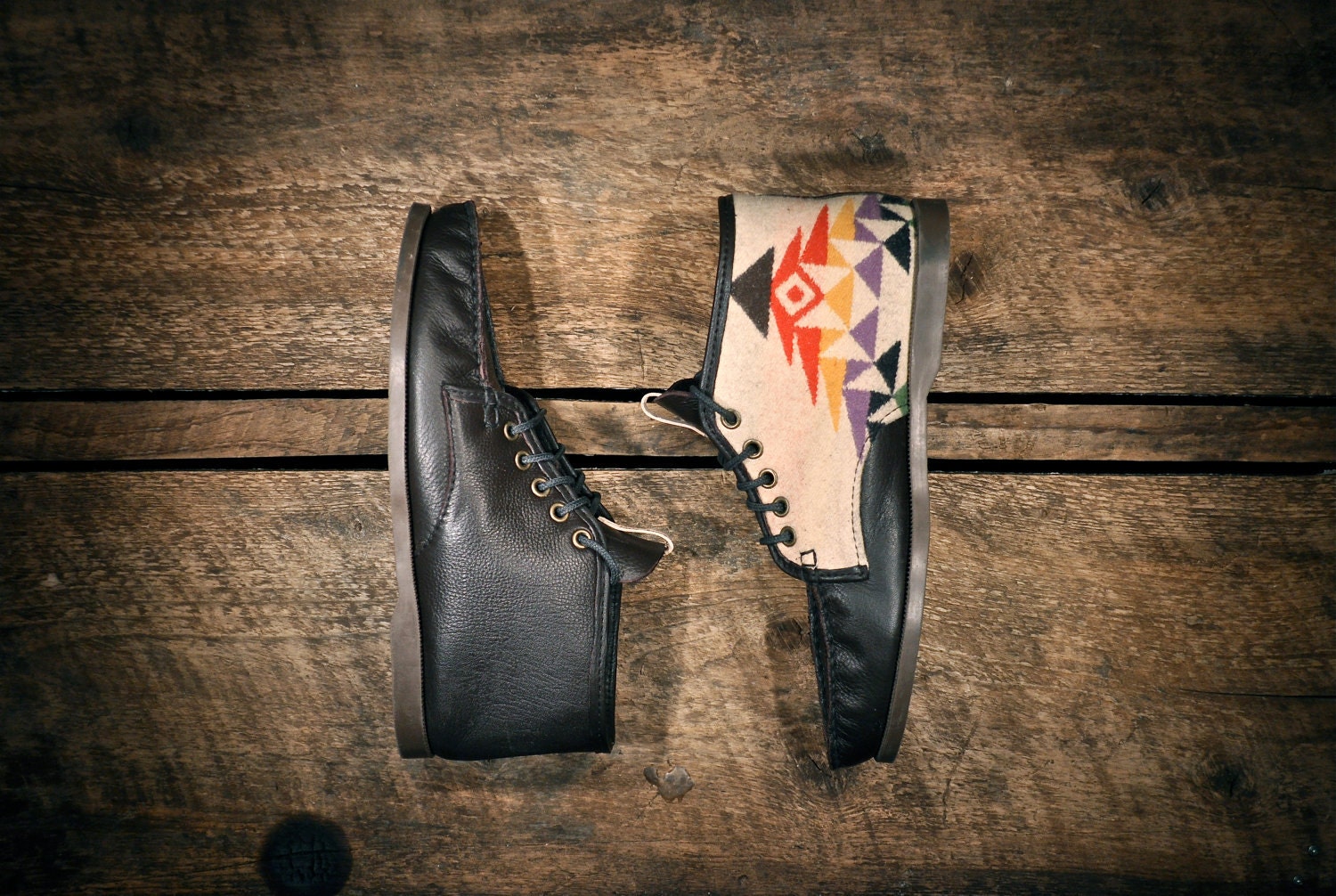 Handcrafted MIDTOPS - Pebbled Chocolate Brown Cowhide - Tan Southwest Inspired Patterned Wool Side - MADE to ORDER