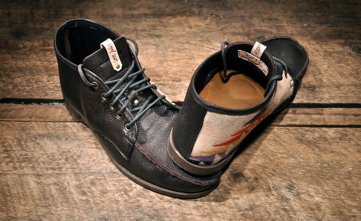 Handcrafted MIDTOPS - Pebbled Chocolate Brown Cowhide - Tan Southwest Inspired Patterned Wool Side - MADE to ORDER