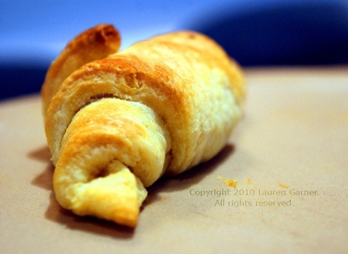 Flake - Croissant French Photography Yellow Blue Food Baked Goods France Bakery Bread Fine Art Lustre Print - 5x7 Photograph