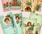 Instant Download - Digital collage sheet  MERRY CHRISTMAS  printable greetings gift tags craft tags and envelopes / TL117