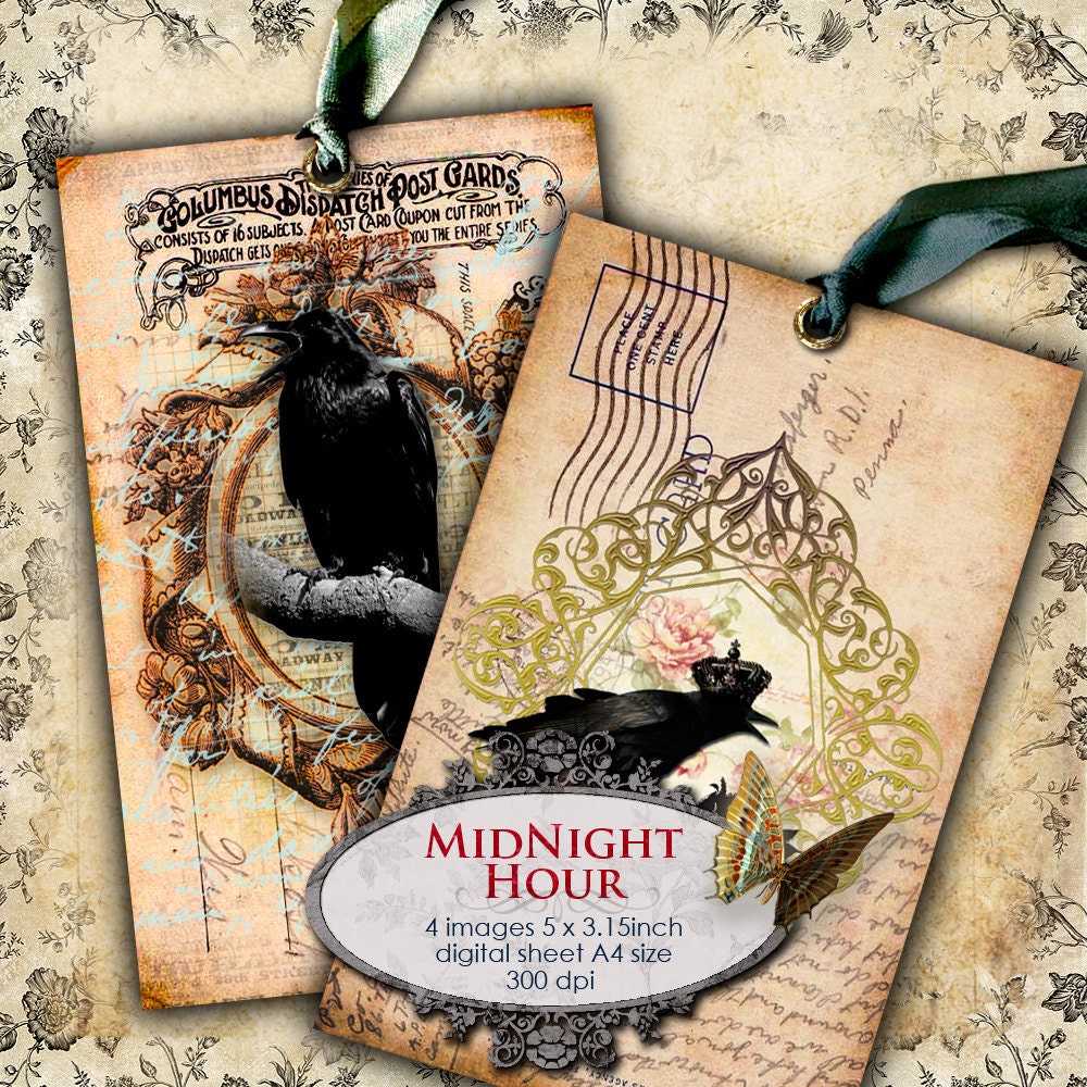 Instant Download - Digital Collage Sheet   MIDNIGHT HOUR  5x3.15 inch raven style printable hang tags paper craft supply / TL119