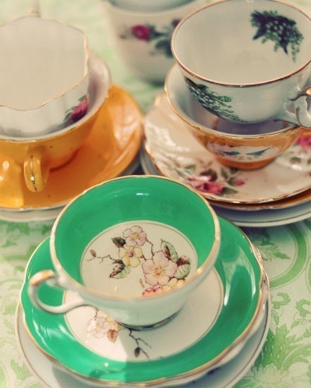 shabby chic photography teacup print - Before the Party 8x10 Photograph charming photo mustard yellow mint green tea Hostess Gift For Her
