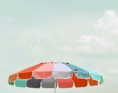 Beach Umbrella Photograph - 8x8 summer decor print - modern art print cool blue red beach house art