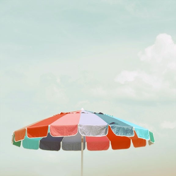 Beach Umbrella Photograph - 8x8 summer decor print - modern art print cool blue red beach house art