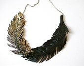 Feather Necklace, Black Leather Feather Jewelry, Gold tipped Leather, Black Swan, "Gilded Plumes" Statement Necklace