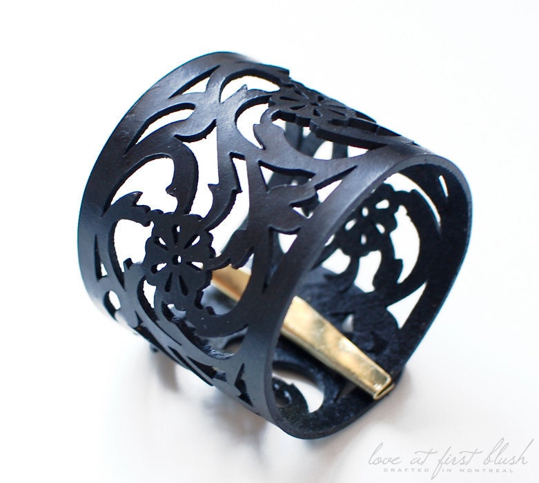 Leather Cuff Bracelet - "Rose Lace" Bracelet in Black Leather