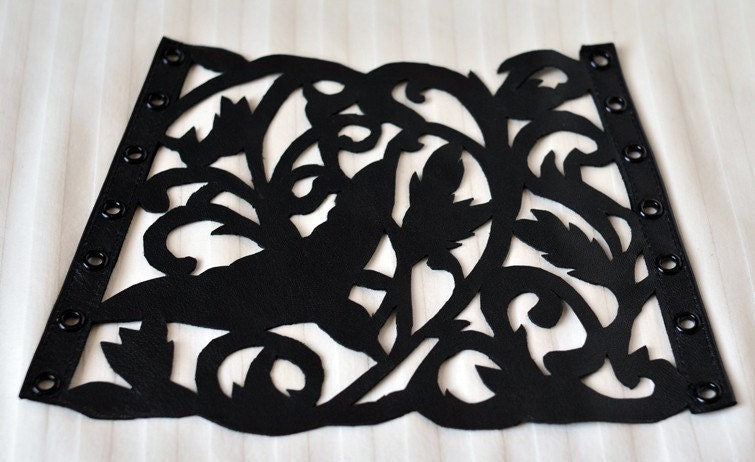 Leather Bracelet Cuff,  "Bird in Flight" in Black Leather