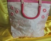 on sale - Soft Pink silky crepe with hot pink flowers tote bag purse