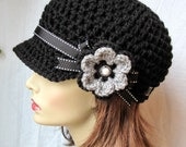 Womens Hat, Teen Black Newsboy, Black Ribbon, Flower, Gray, Pearl Button, Gifts for Her, Birthday Gifts JE148NFRALL6 - JadeExpressions