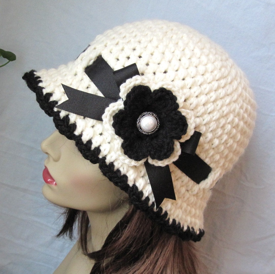 Off White Women Cloche, Flower, Pearl Button, Natural, Black Ribbon, Birthday Gifts, Tea Party, Photo Props, Handmade, JE280CFALL6