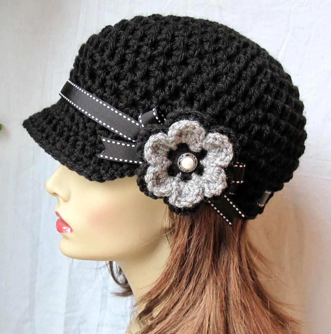 Crochet Newsboy, Hat, Black, Ribbon, Flower, Gray, Pearl Button, Gifts for Her, Birthday Gifts JE148NFRALL6
