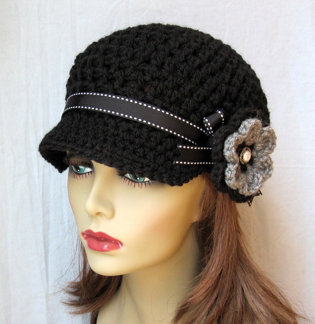 Crochet Newsboy, Hat, Black, Ribbon, Flower, Gray, Pearl Button, Gifts for Her, Birthday Gifts JE148NFRALL6