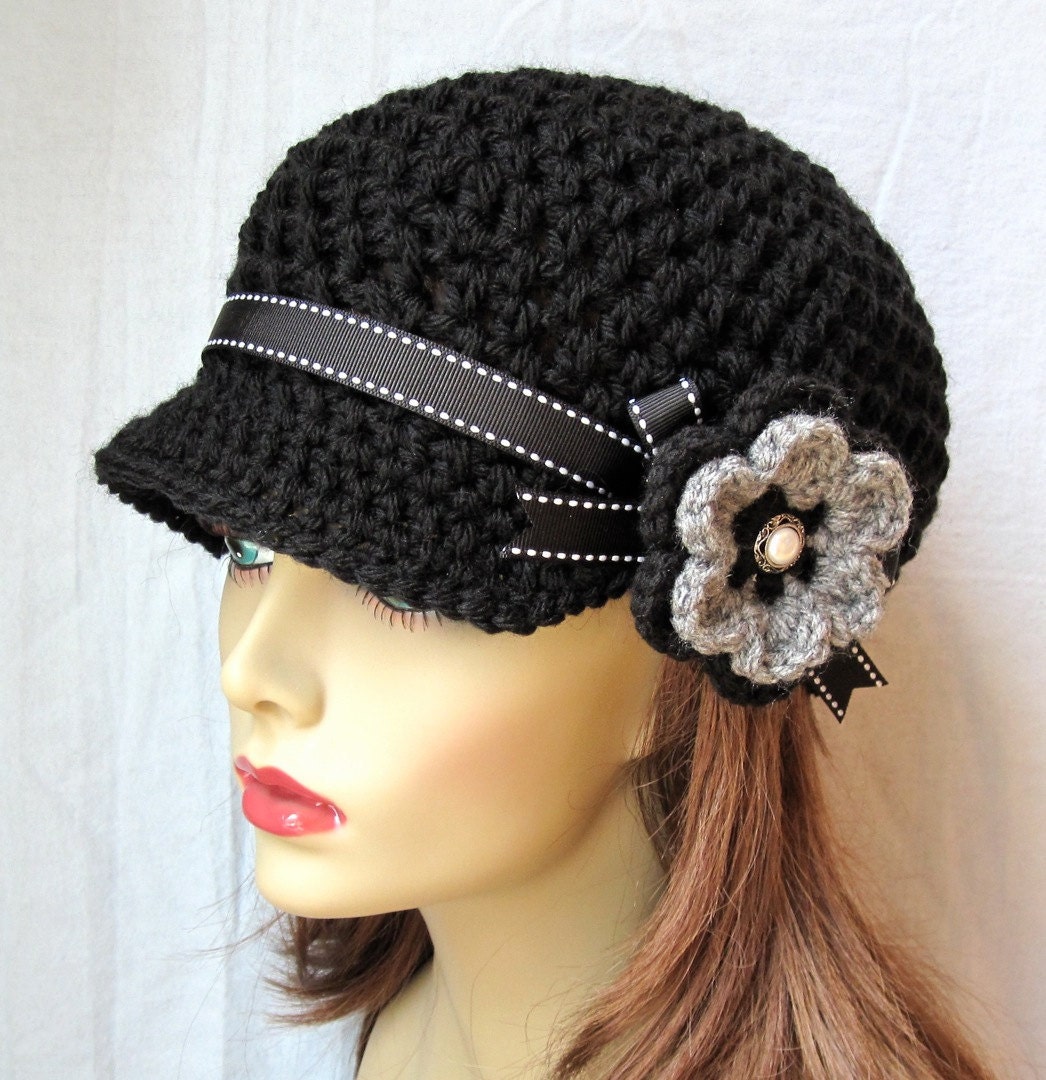 Crochet Newsboy, Hat, Black, Ribbon, Flower, Gray, Pearl Button, Gifts for Her, Birthday Gifts JE148NFRALL6