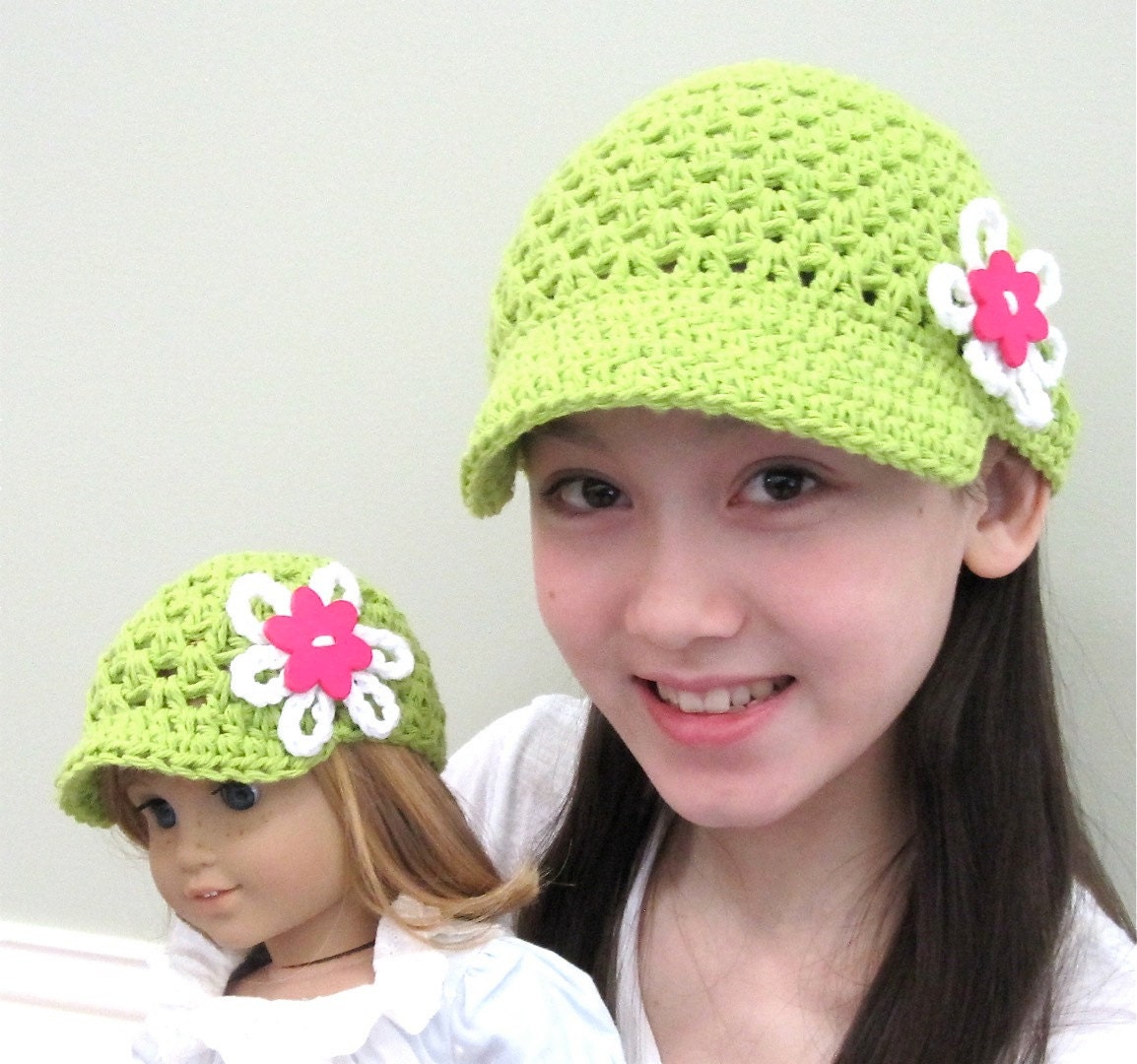 Hot Green Matching Newsboy Hats, Child and American Girl Doll, Pink, Cotton, Gifts for Girls, Birthday Gifts, Photo Prop, JE258AGDSet