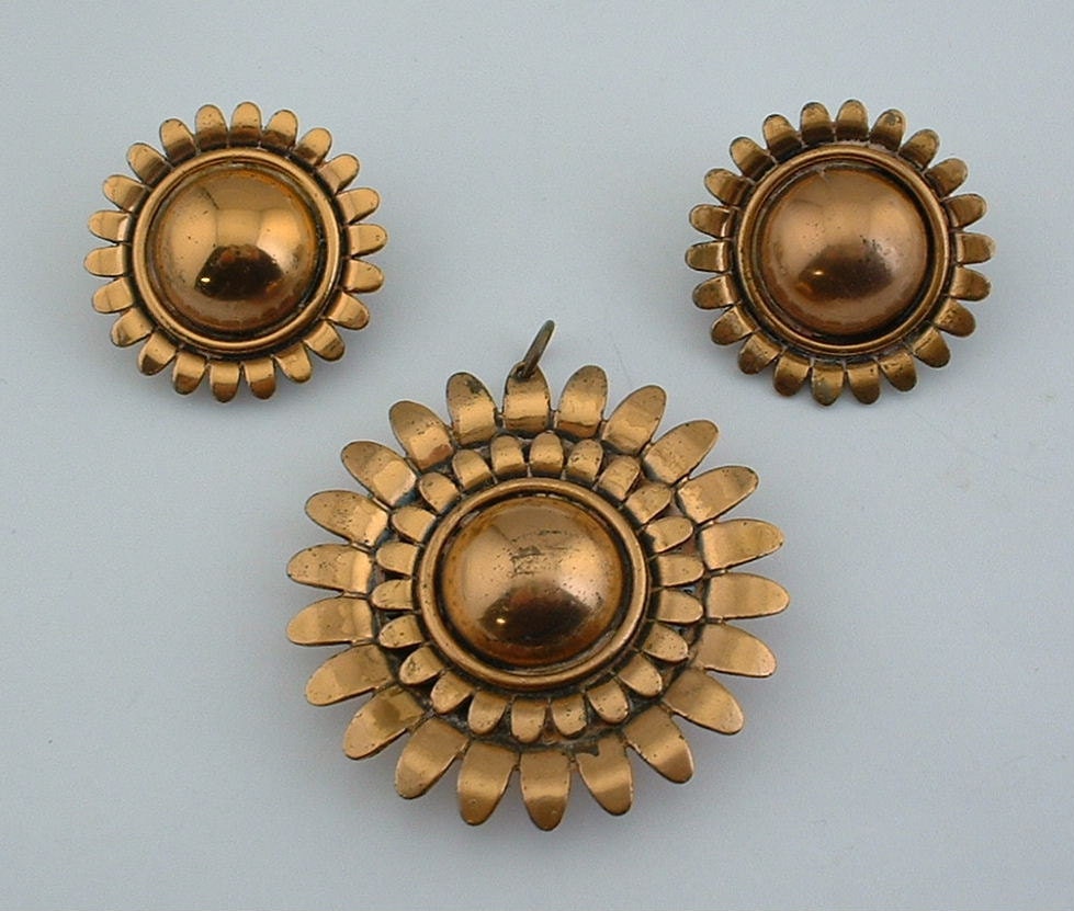 Vintage RENOIR Matisse Copper SUNFLOWER Earrings & Pendant
