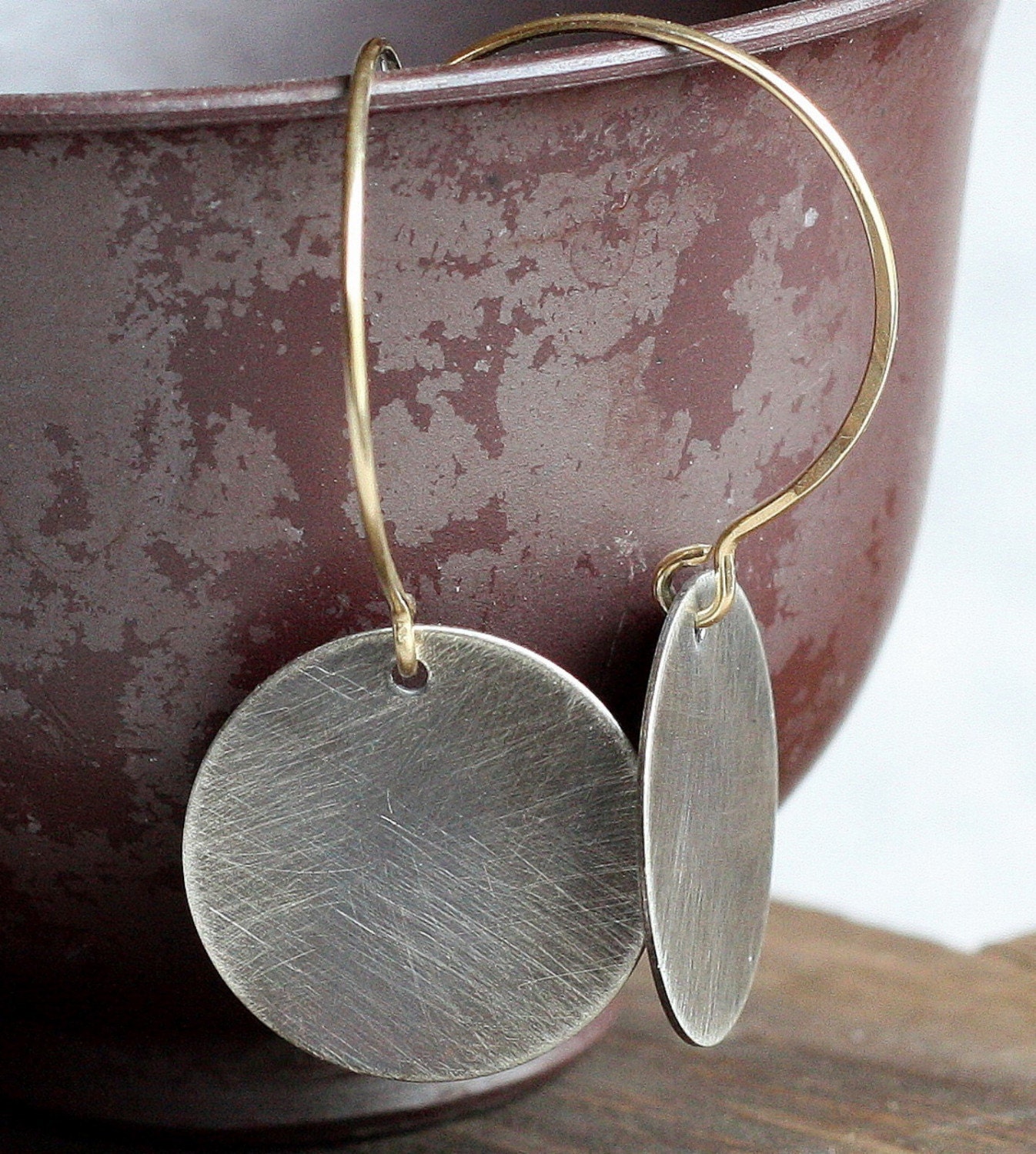 large oxidized recycled silver disk and gold earrings- the luna