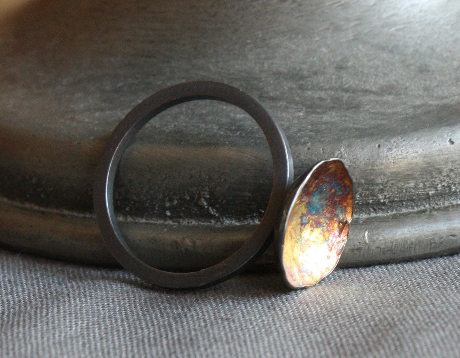 industrial recycled sterling and 24k gold ring- the dark mirror ring