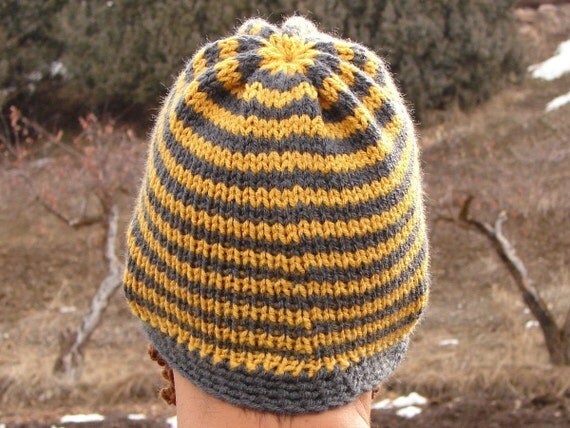 yellow and gray striped bearded beanie