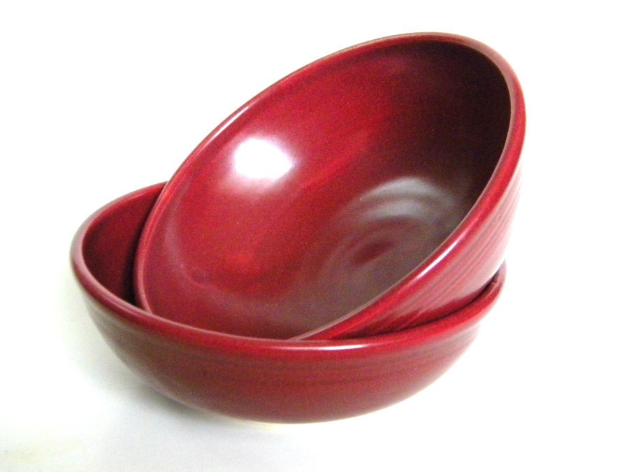 Set of 2 Handmade Bowls-- Raspberry Red -- Hand crafted pottery-- 6" diameter for soup / cereal