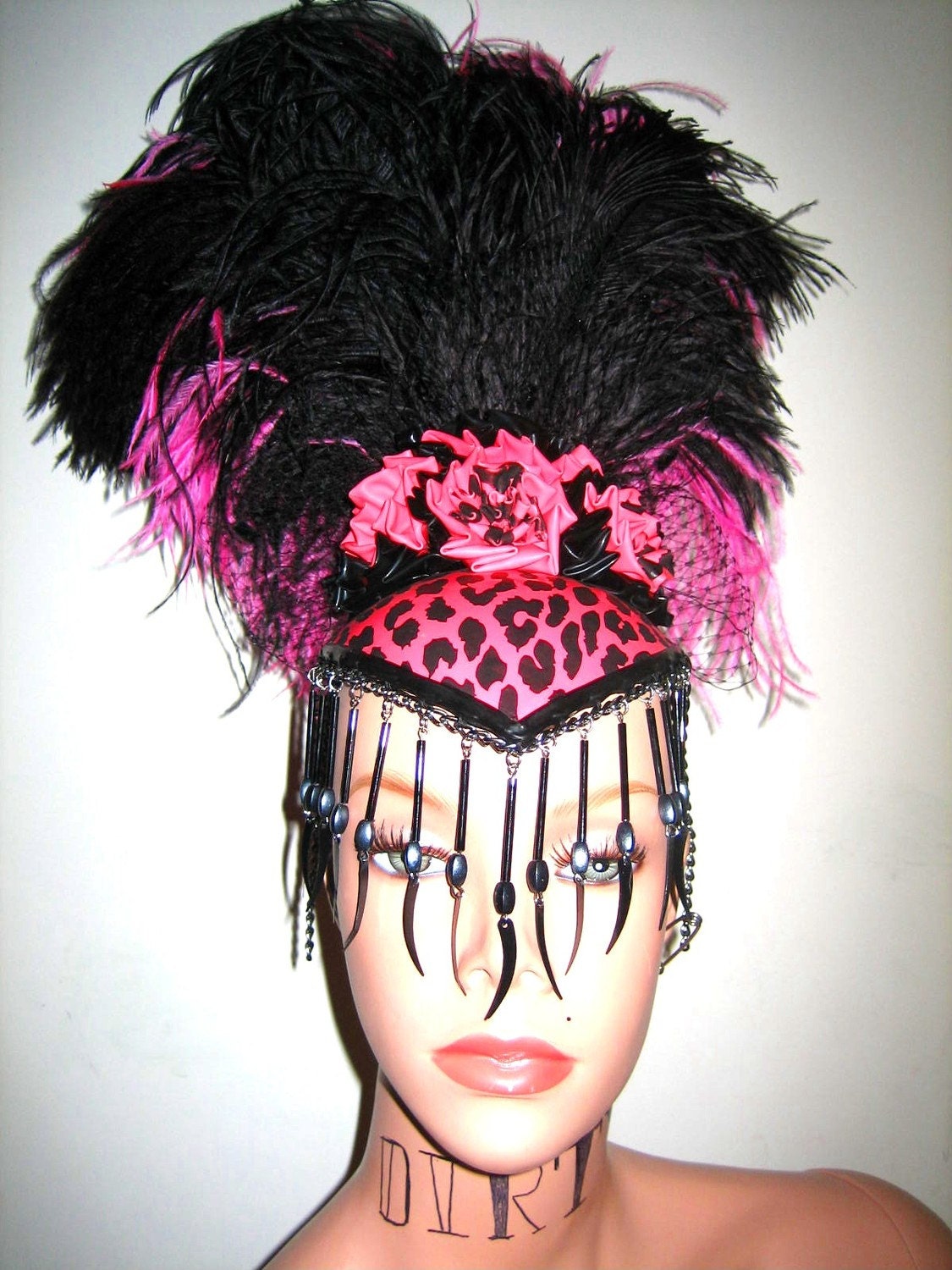 Show girl style leopard print latex hat with large feathers by VEnus Prototype