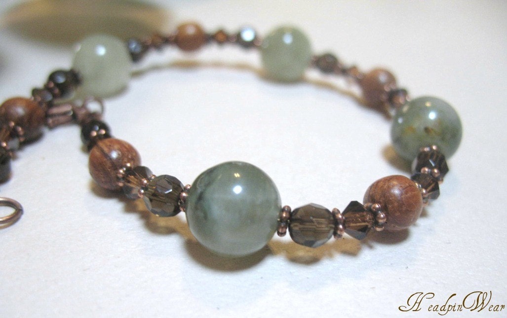 Blue, Green, Brown Bracelet w Wood and Copper - Woodland