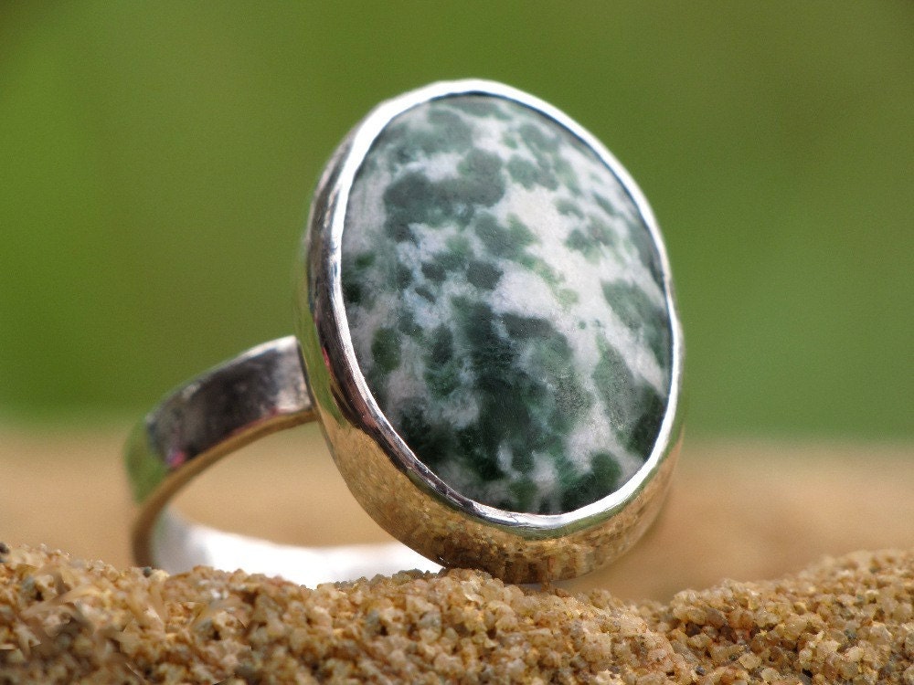 CLEARANCE Green Tree Agate Ring Size 6 Only SALE - Handmade from Tree Agate and Argentium Sterling Silver, Artisan, Casual, Men, Women