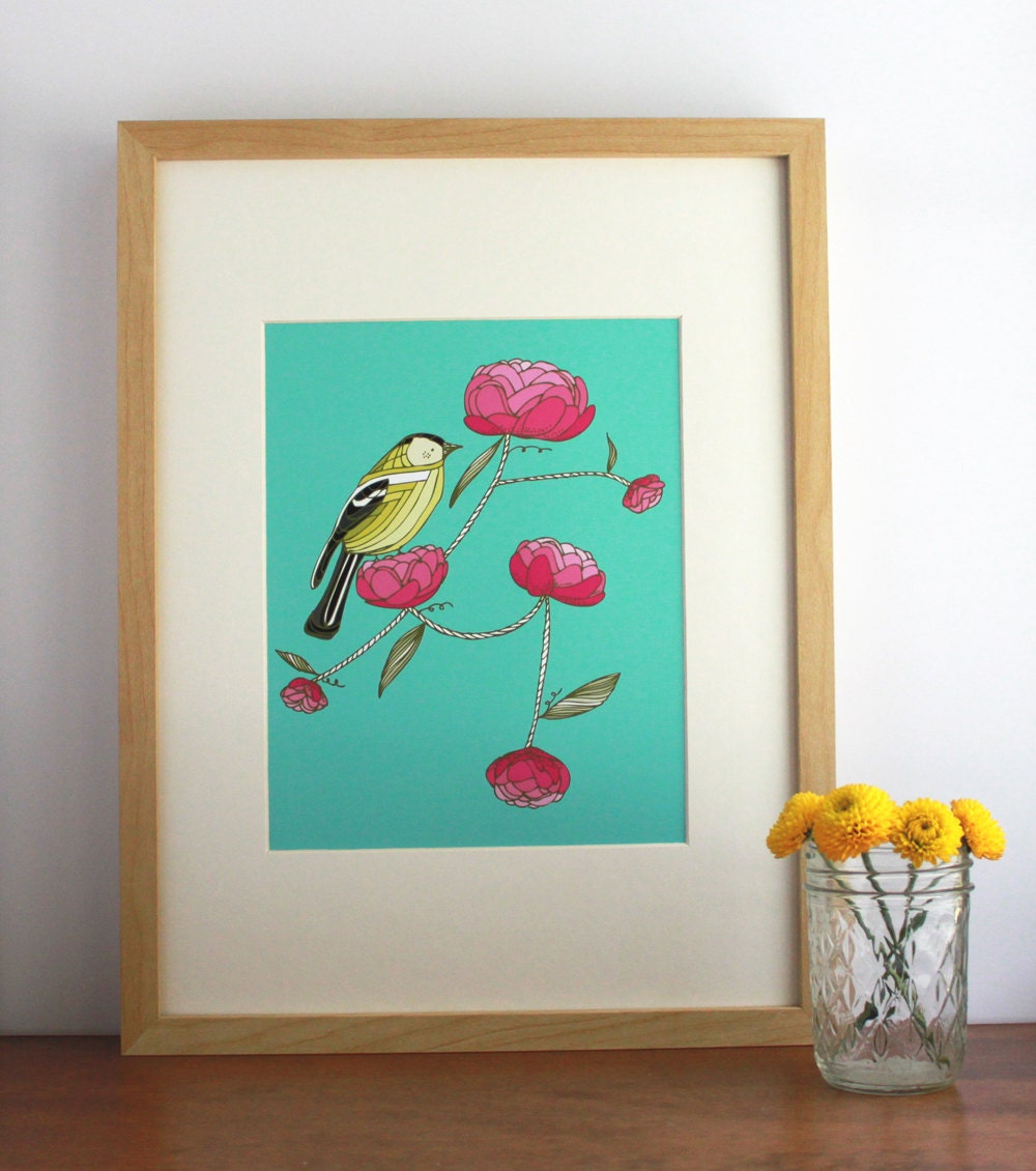 Yellow Finch and Peonies - Free US Shipping