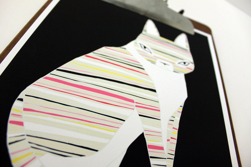 Neon Striped Cat Illustration - Free US Shipping