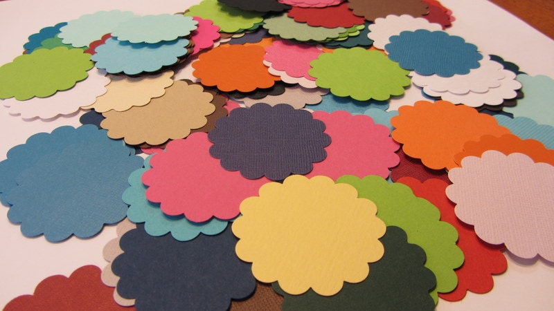 100 Assorted 2 Inch Scalloped Circle Punches,  tag, cupcake topper, destash, cardstock