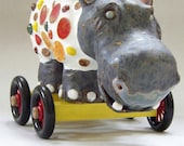 Mosaic Hippo Sculpture on Wheels