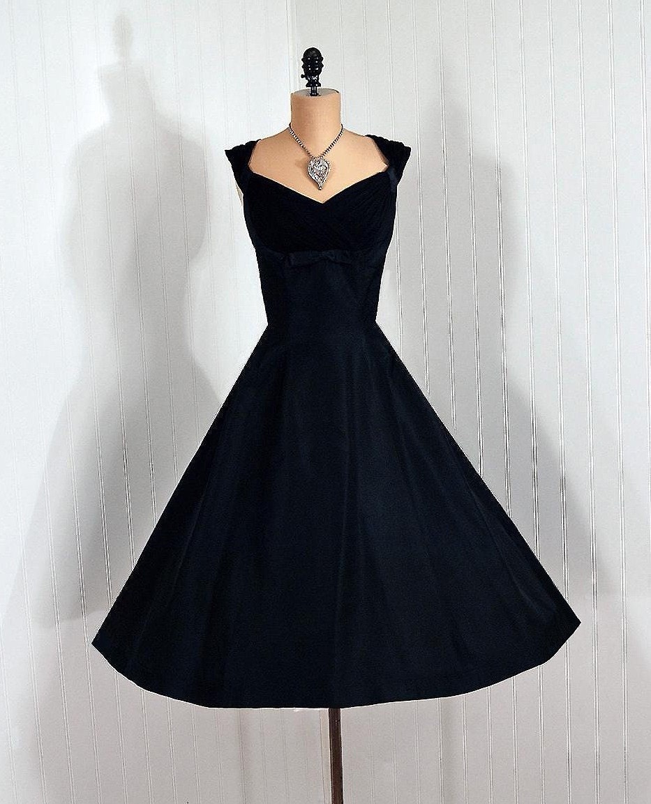 1950's Vintage Midnight-Black Seductive Silk-Taffeta Couture Shelf-Bust Bow Draped Sheer-Chiffon Plunge Rockabilly Princess Nipped-Waist Bombshell Ballerina-Cupcake Full Circle-Skirt Wedding Formal Evening Party Cocktail Dress