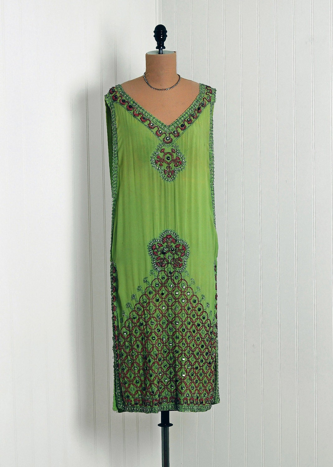 1920's Antique Vintage Sage-Green Beaded Silk-Chiffon French Designer-Couture Flapper Drop-Waist Goddess Art-Deco Shift Cocktail Party Dress