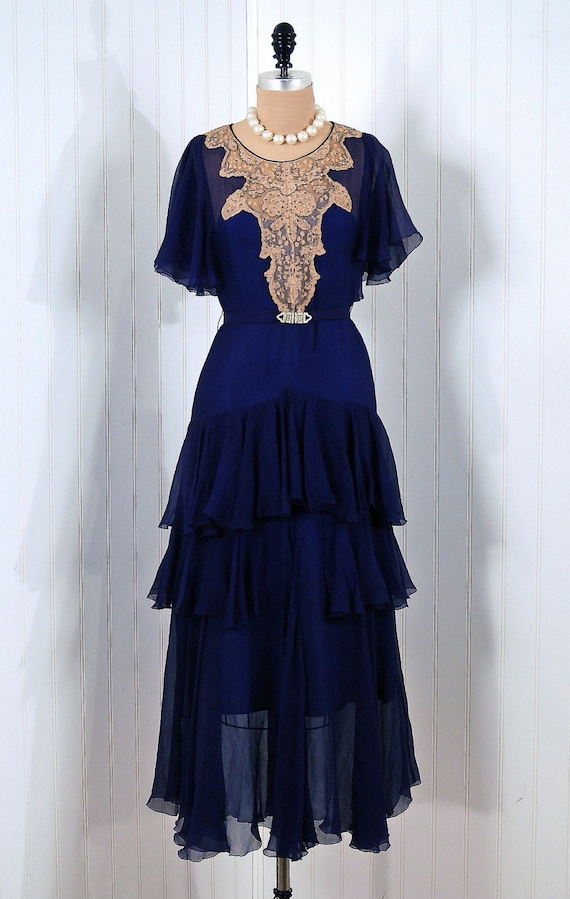 1920's Antique Vintage Navy-Blue Flutter Crepe-Chiffon Rhinestone Lace Art-Deco Couture Flapper Dress