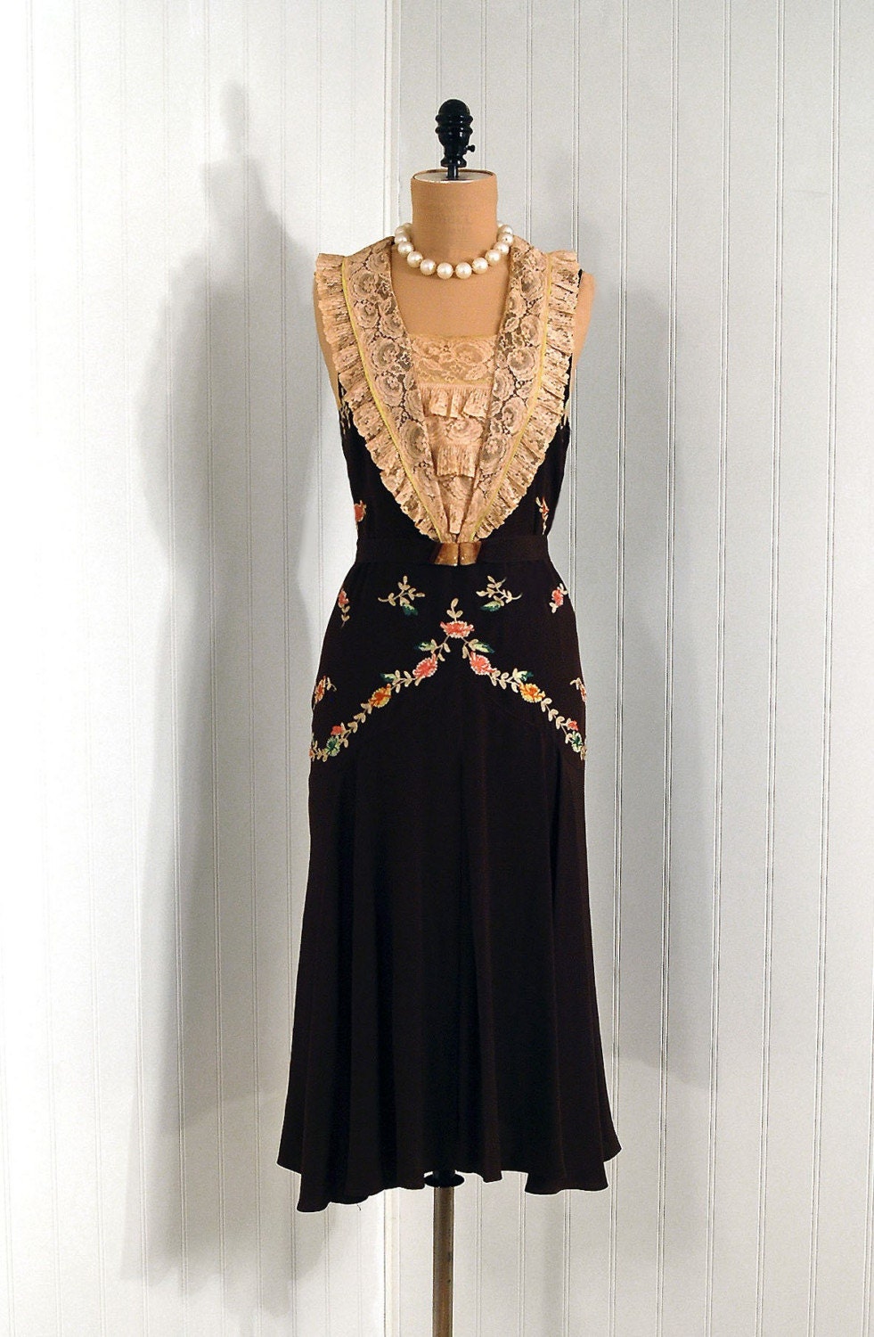 1920's Antique Vintage Heavily-Embroidered Colorful Autumn Floral-Garden Silk- Rayon Couture Flapper Tiered-Lace Bib-Collar Deco Bakelite-Belted Wedding Party Cocktail Dress and Matching Purse