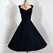 1950's Vintage Midnight-Black Seductive Silk-Taffeta Couture Shelf-Bust Bow Draped Sheer-Chiffon Plunge Rockabilly Princess Nipped-Waist Bombshell Ballerina-Cupcake Full Circle-Skirt Wedding Formal Evening Party Cocktail Dress