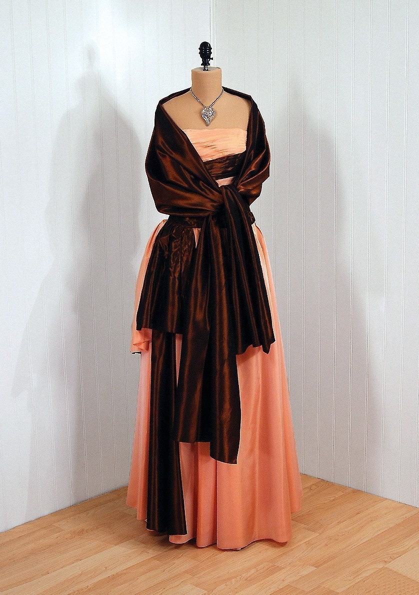 1950's Vintage Emma Domb Designer-Couture Iridescent Champagne-Peach and Copper-Bronze Ruched Strapless Rockabilly Princess Sculpted Side-Peplum Goddess Circle-Skirt Wedding Formal Evening Cocktail Party Dress Gown and Matching Shawl