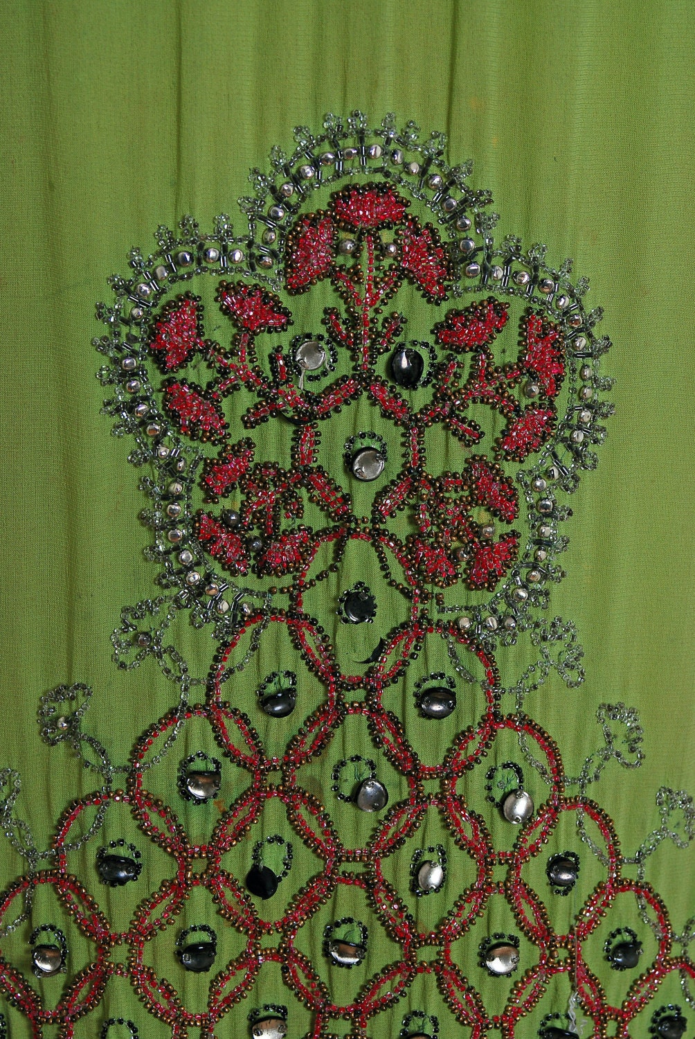 1920's Antique Vintage Sage-Green Beaded Silk-Chiffon French Designer-Couture Flapper Drop-Waist Goddess Art-Deco Shift Cocktail Party Dress